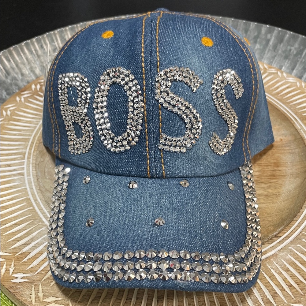 Distressed Denim Cap with Rhinestone 'BOSS' Design